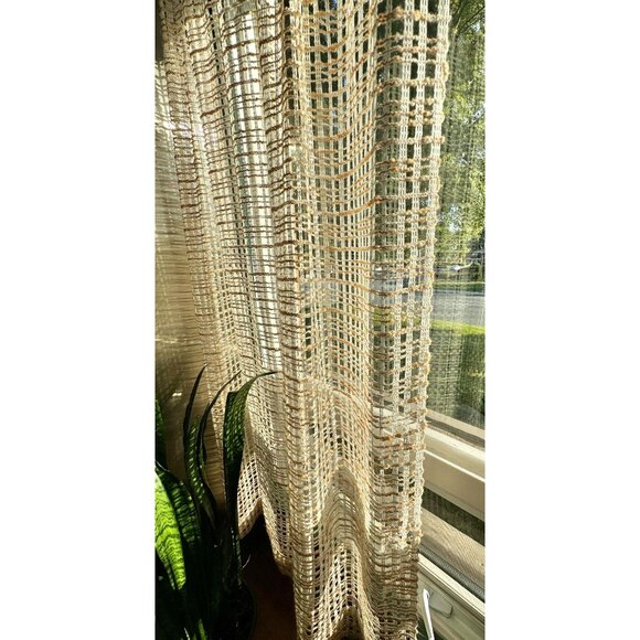 Vintage 70s curtain, long cream & tan, open weave mesh, boho single panel - Picture 2 of 7